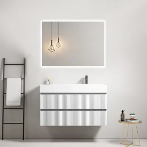 Mobile bagno sospeso cannettato 100 cm Bianco Lavabo a Destra in Resina Specchio Quadro Retroilluminato - Fiji Paint