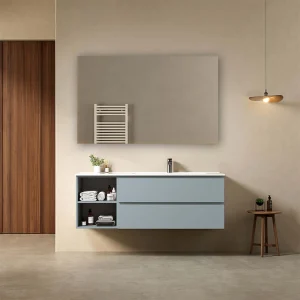 Mobile bagno sospeso 140 cm Blu Avio Lavabo a Destra in Resina Specchio Quadro - Fiji Paint Plus