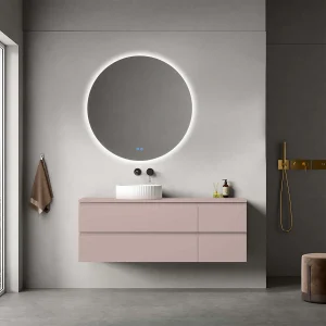 Mobile bagno sospeso reversibile  140 cm Rosa Retrò per Lavabo d'appoggio Specchio Tondo Retroilluminato - Fiji Paint Top