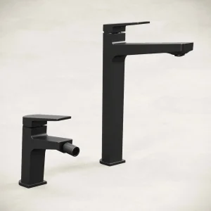 Set Miscelatori Lavabo Alto e Bidet Con Piletta Click Clack Nero - Sun
